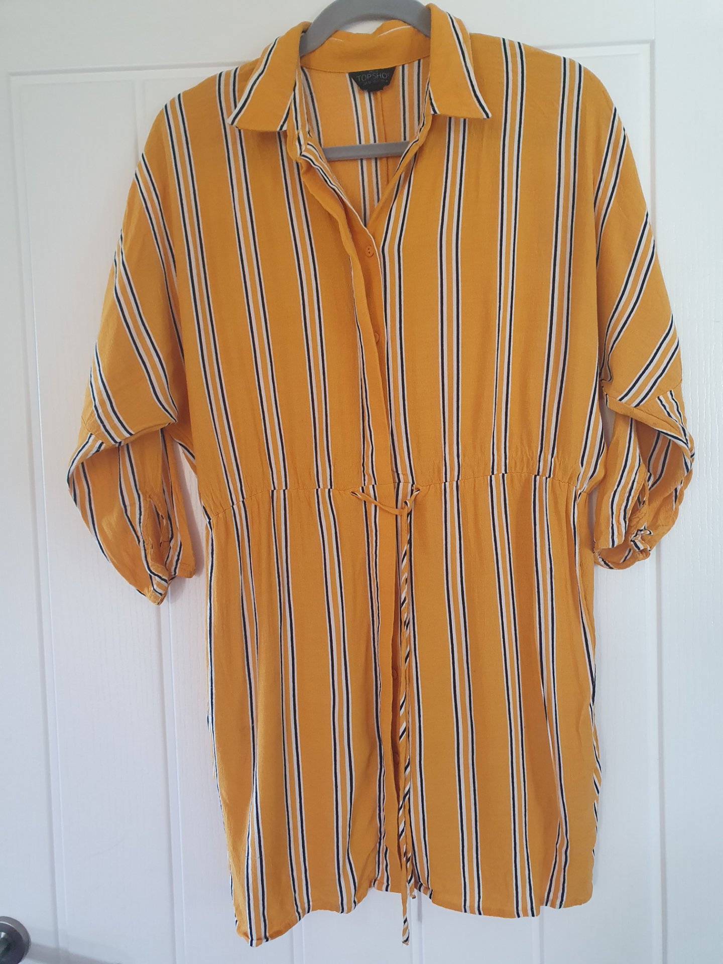 Topshop Petite Mustard Yellow Striped Shirt Dress - Size UK 6