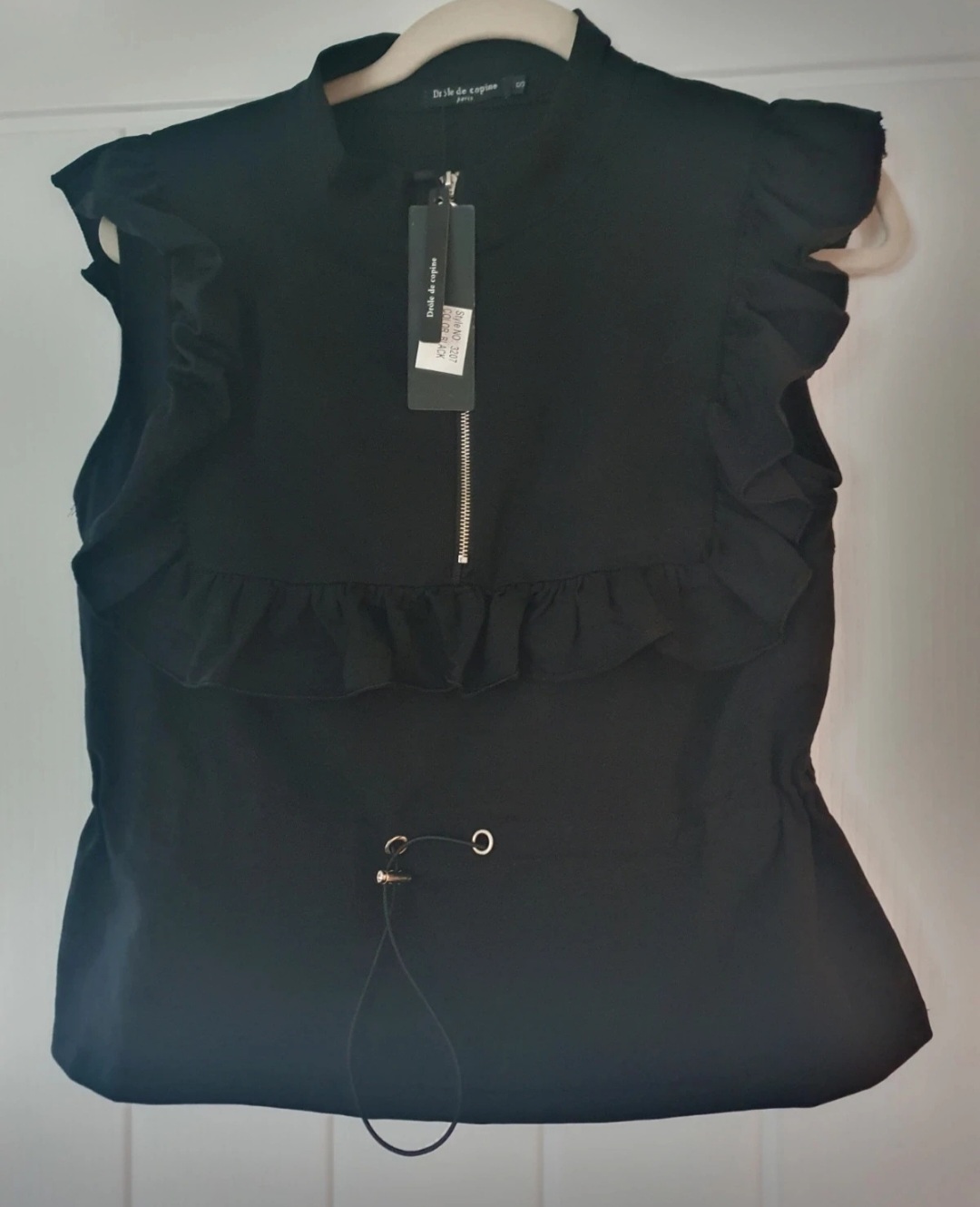 Drôle de Copine Paris Black Ruffle Zip Front Top – Size S / UK 8 – New With Tags