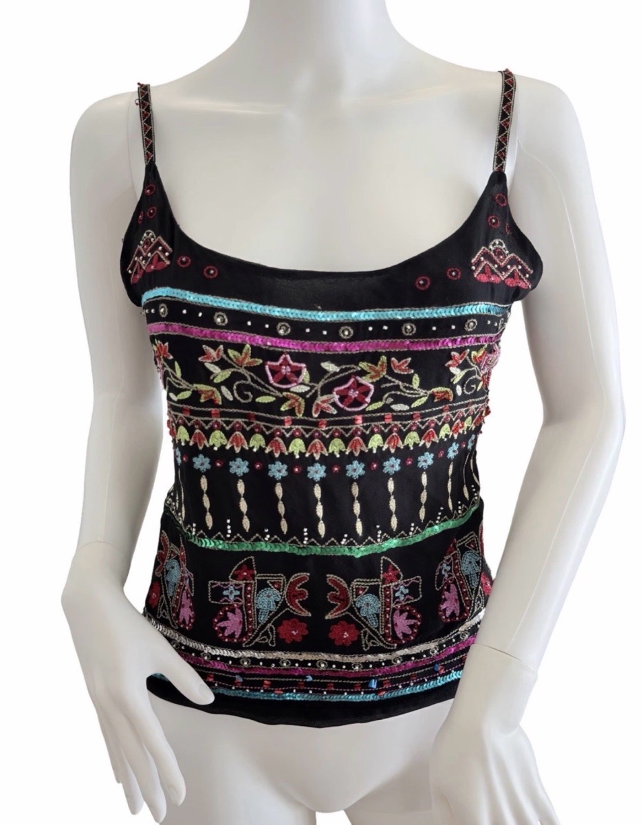 Y2K JPR Separates Black Silk Embroidered Sequin Cami Top Size XL RRP £120