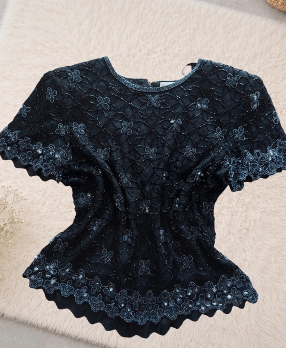 Vintage Papell Boutique Evening UK 14 Petite 100% Silk Beaded Shoulder Padded Top