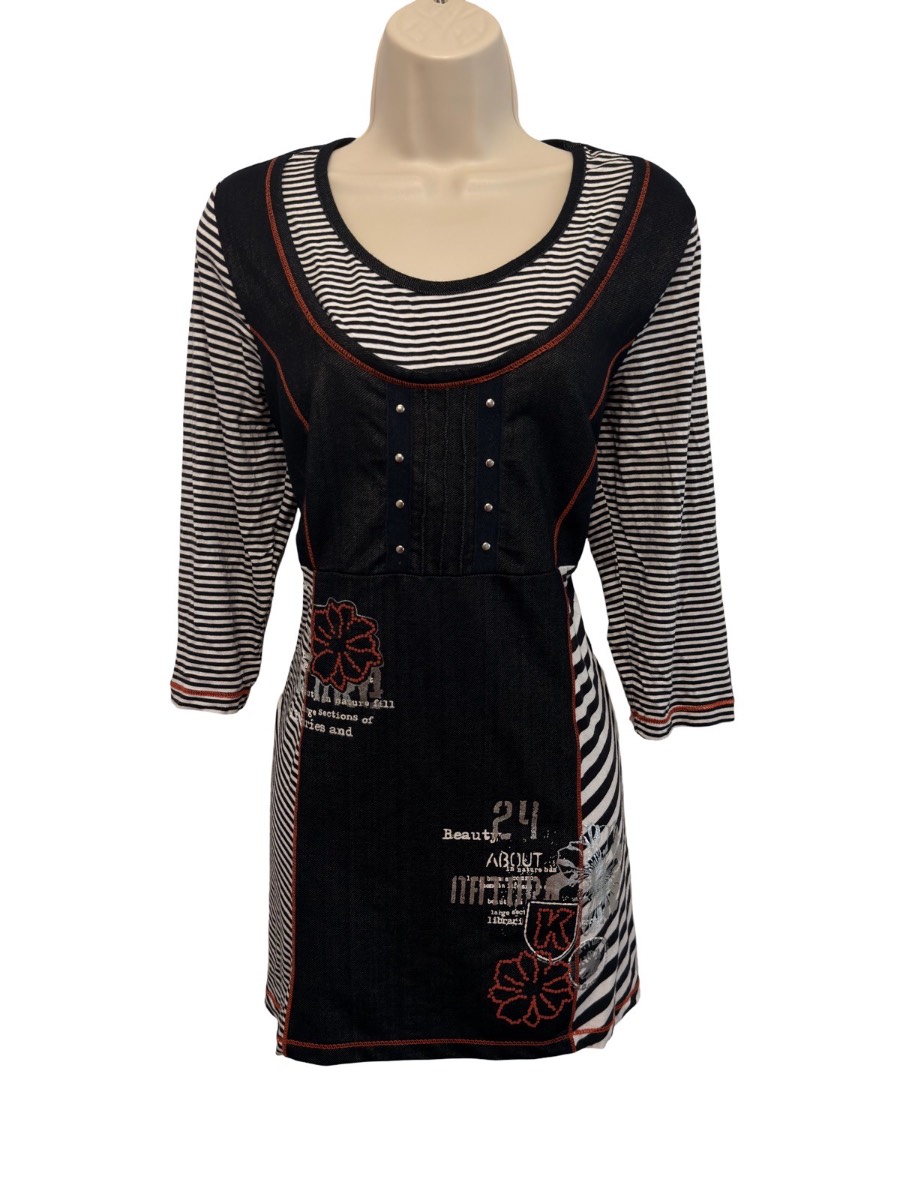 Le Grenier Y2K Navy Striped Graphic Tunic Dress Long Sleeve Stretch Size L