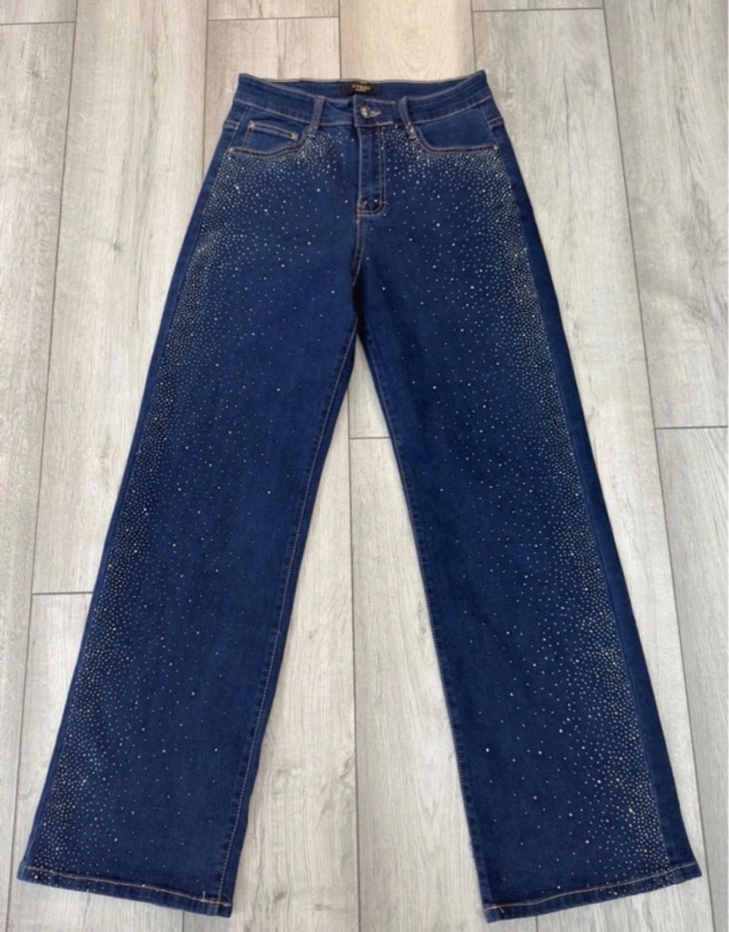 Voggo Denim Blue Wide Leg Diamante Jeans UK 10 Sparkly Embellished Denim