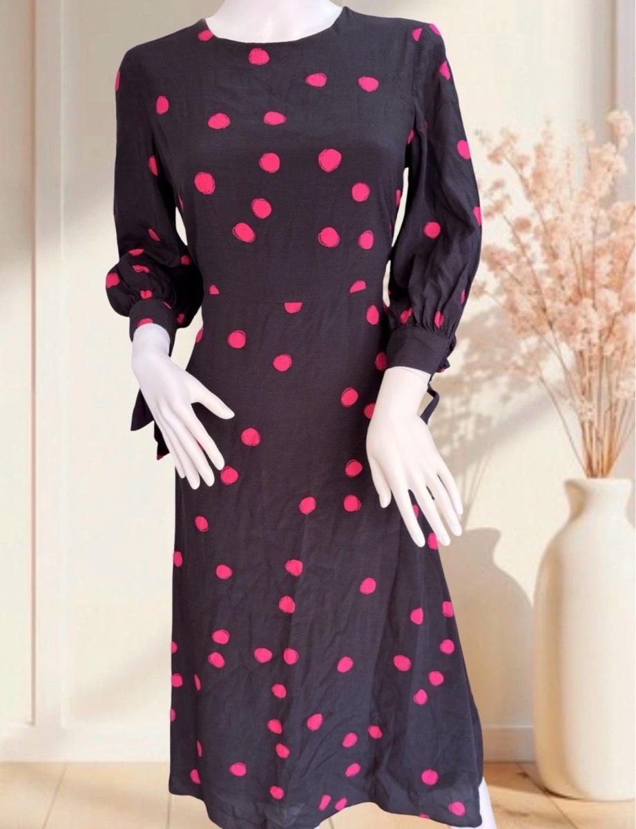 Mint Velvet Polka Dot Midi Dress UK 10 Black Pink Long Sleeve RRP £89