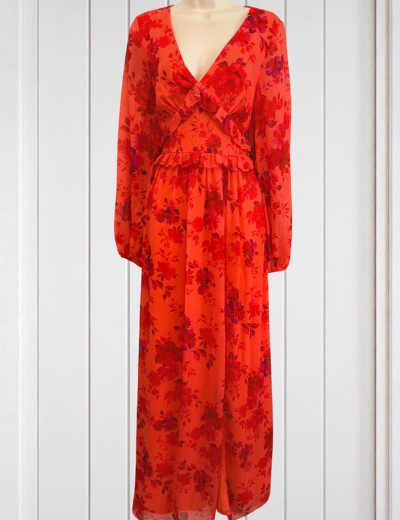 ISKA Red Floral Maxi Dress UK 12 Long Sleeve Ruffle Open Back BNWT