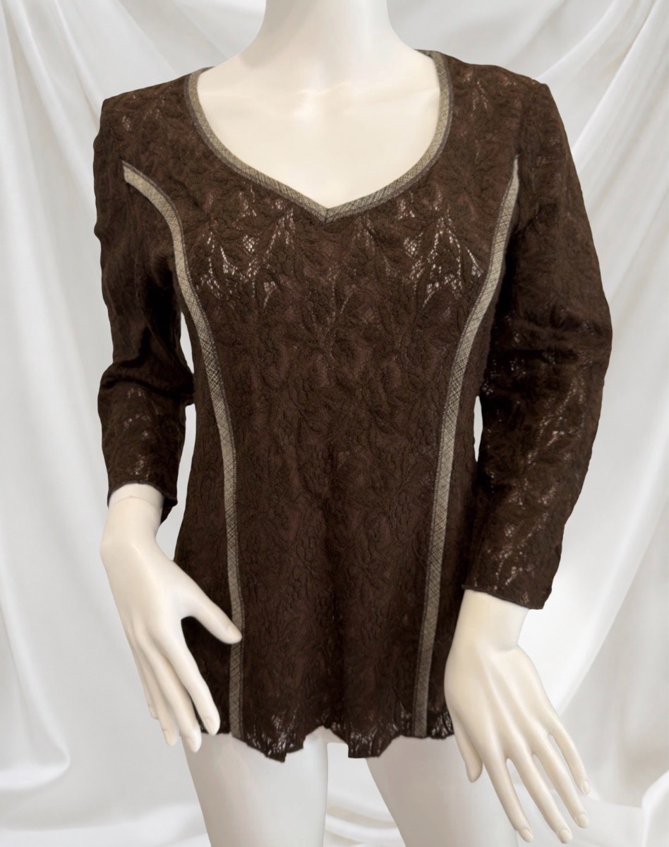 Marella Brown Sheer Lace Wool Blend Top XXL Made in Italy V Neck RRP £179