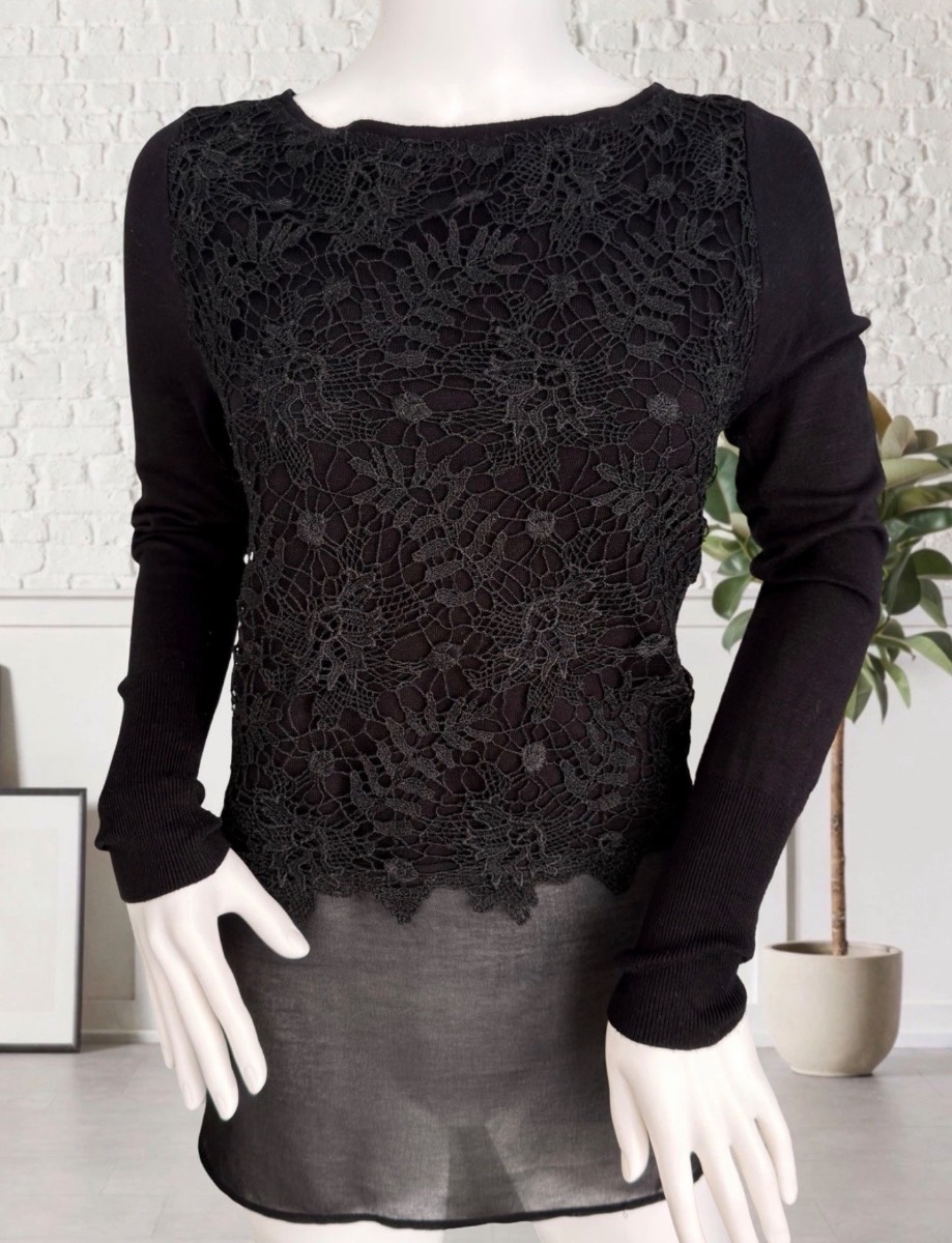 Mint Velvet UK 10 Black Lace Overlay Long Sleeve Sheer Hem Top