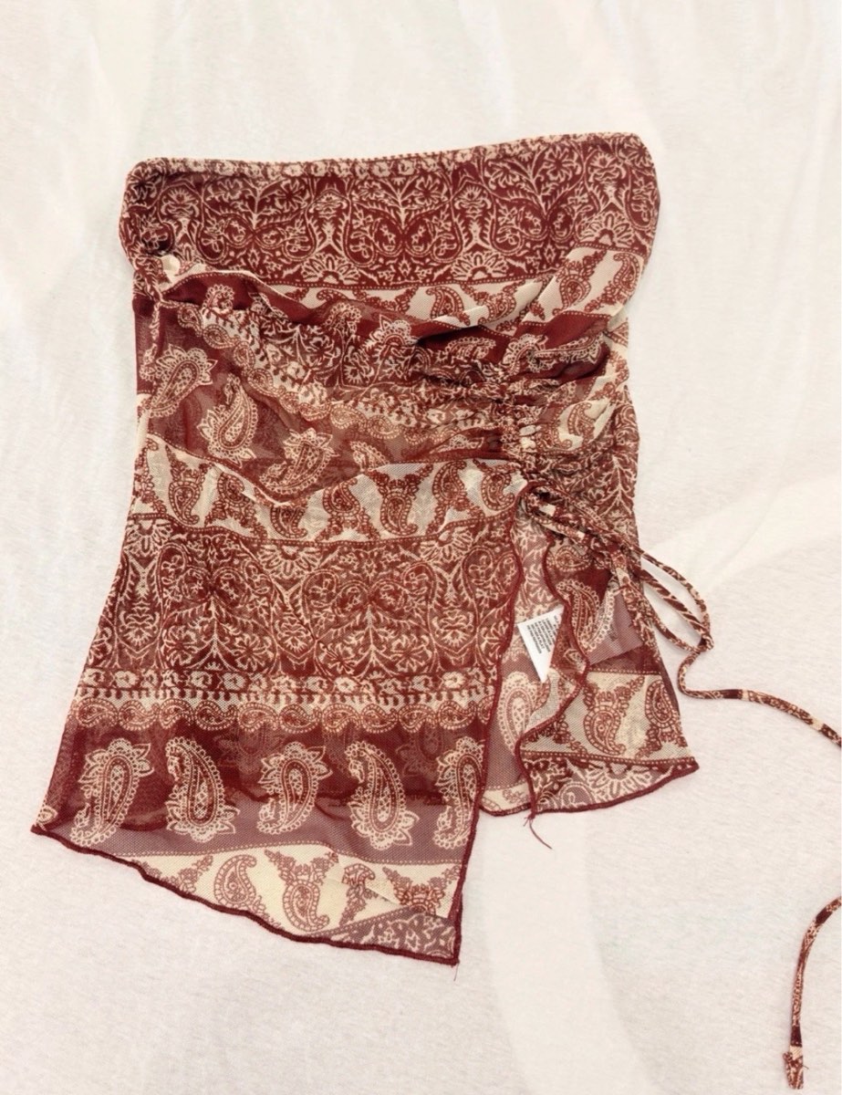 Silence + Noise Y2K Mesh Paisley Ruched Bandeau Tube Top Size S Burgundy