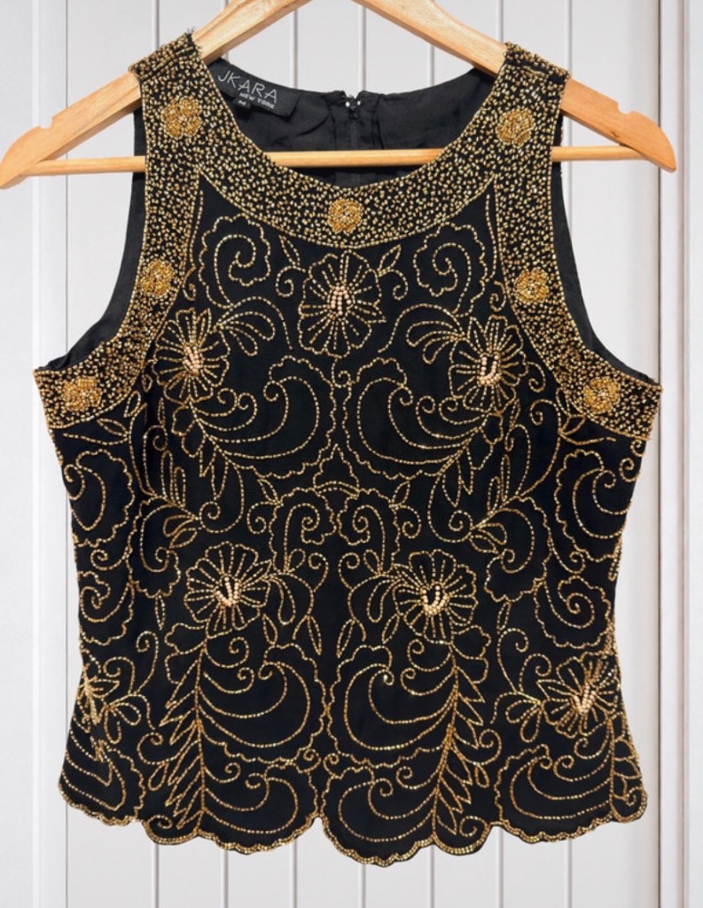 JKARA New York Black Gold Beaded Sleeveless Top Size M Vintage