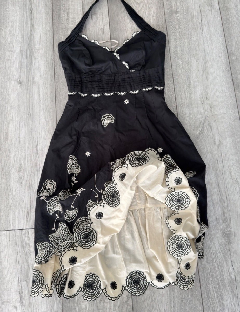 Karen Millen Vintage Y2K Black Ivory Embroidered Halterneck Dress UK 8