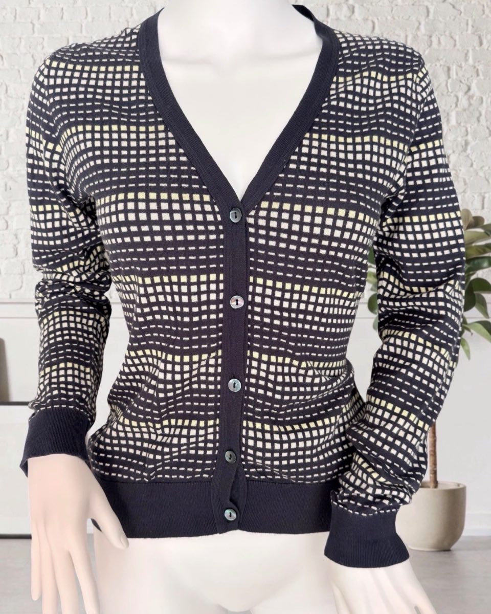 John Smedley Navy Cream Checked Cotton Cardigan Made in England