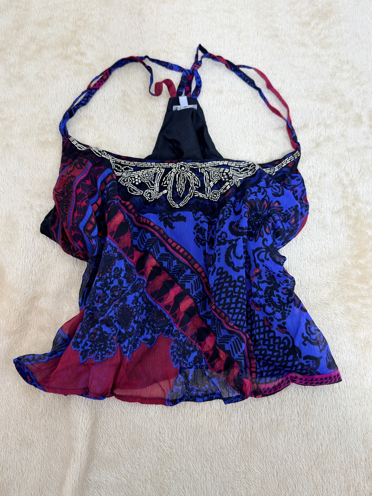 Y2K Charlotte Russe Size L Blue Red Sheer Beaded Embellished Racerback Top