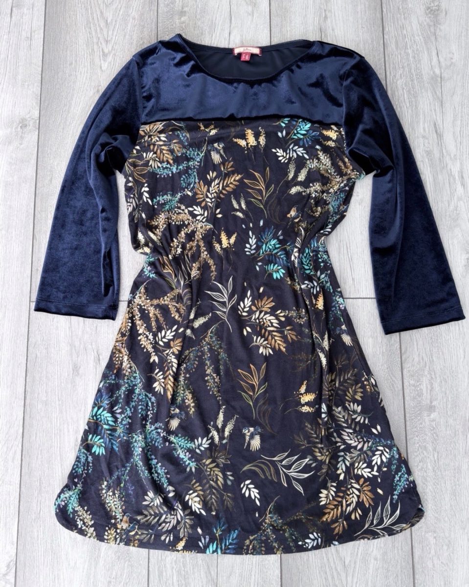 Joe Browns Navy Bird Print Velvet Feel Dress UK 12