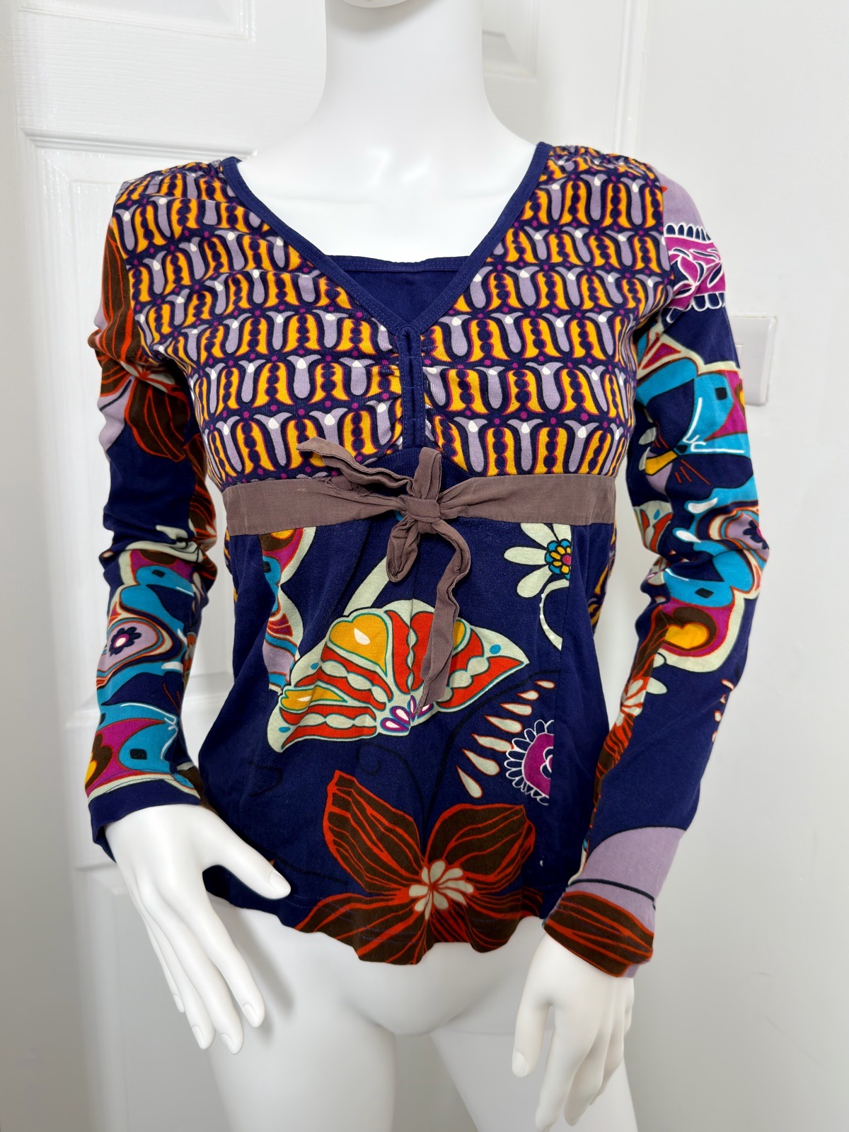 Y2K Surekana Size S Multicoloured Floral Geometric V Neck Tie Waist Top