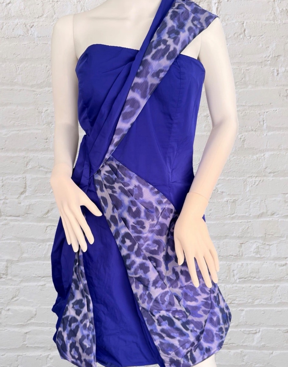 Karen Millen Vintage UK 16 Purple One Shoulder Leopard Print Party Dress