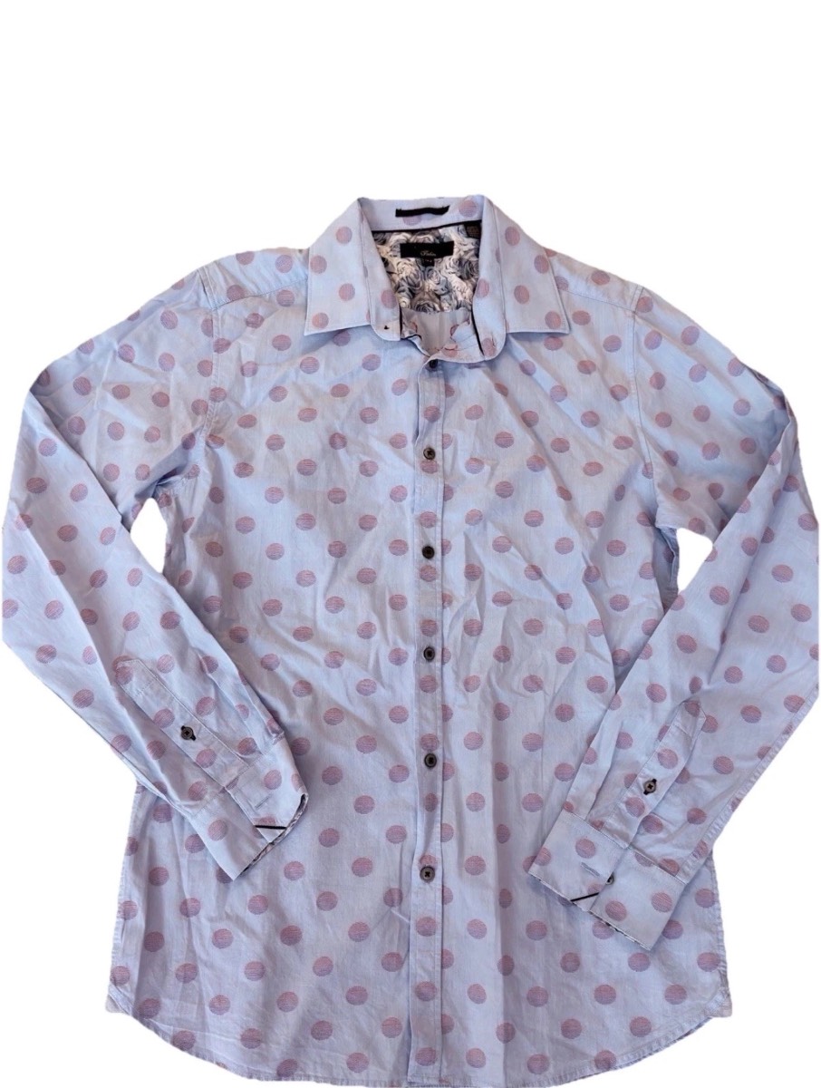 Ted Baker 100% Cotton Blue Pink Polka Dot Long Sleeve Shirt 15.5