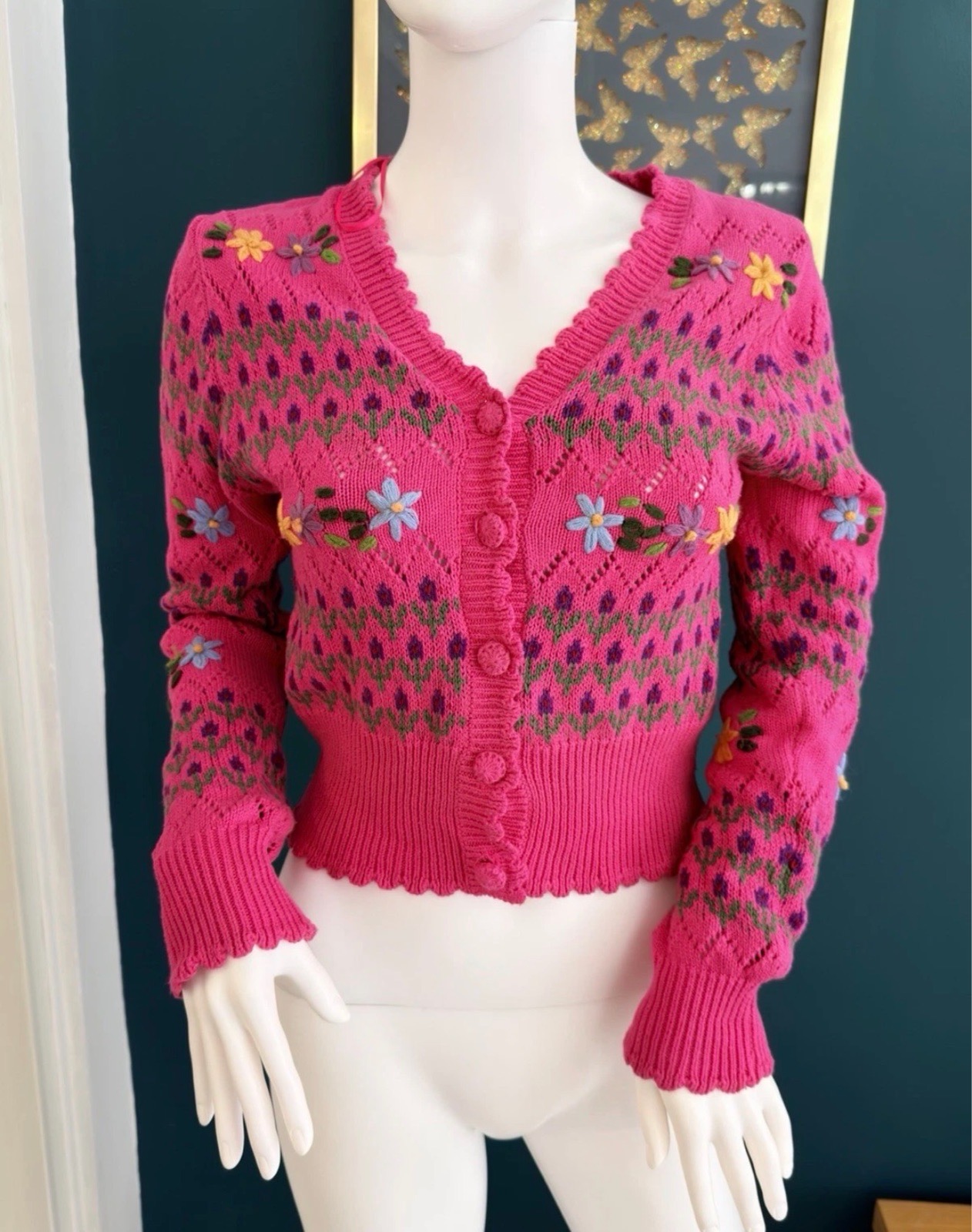 ZARA Size S UK 8 Pink Floral Embroidered Fair Isle Knit Cardigan Button Up