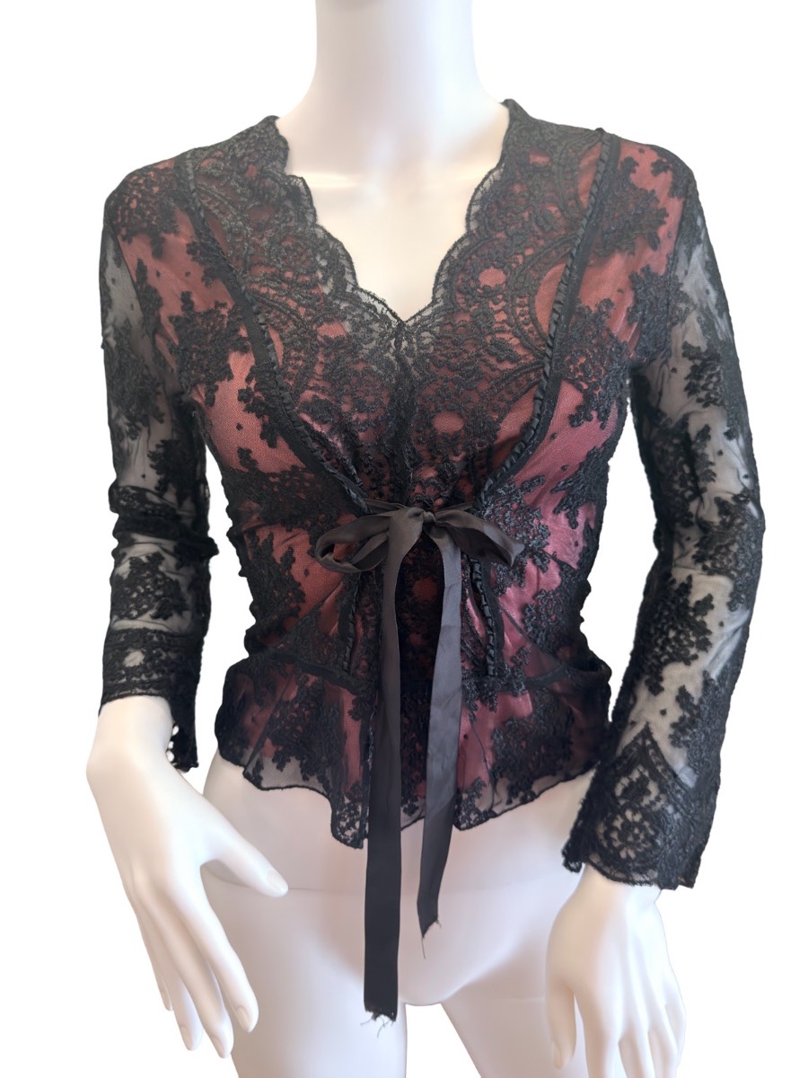 Y2K X:S Gothic Black Pink Sheer Lace Mesh Tie Front Top Size M