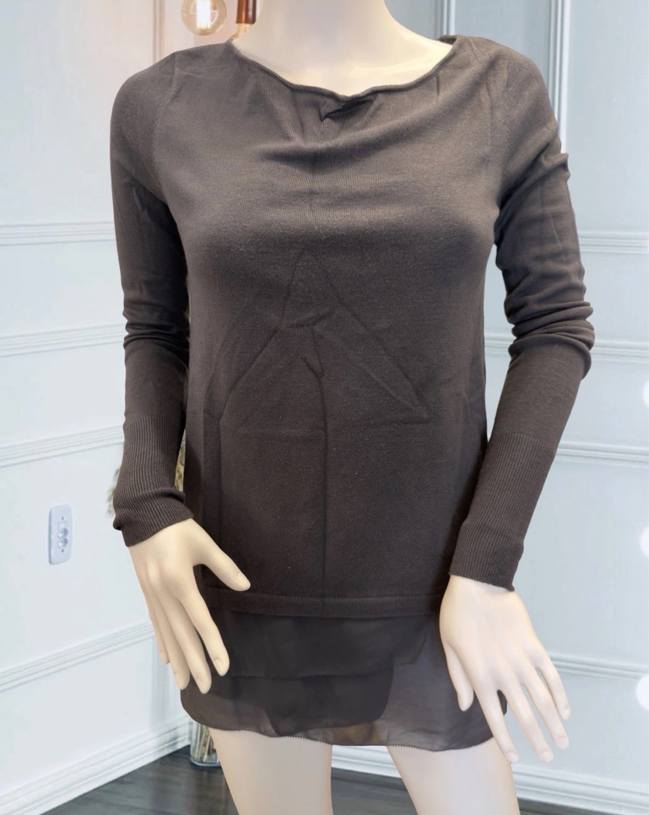 Mint Velvet Grey Knit Top Chiffon Hem Layered Long Sleeve UK 8 RRP £79