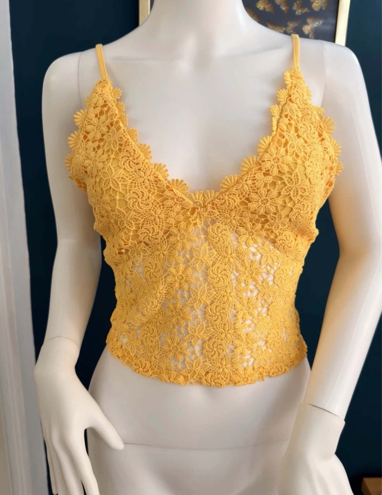 H&M Size L Yellow Floral Crochet Lace Cami Top Bralette Y2K Boho