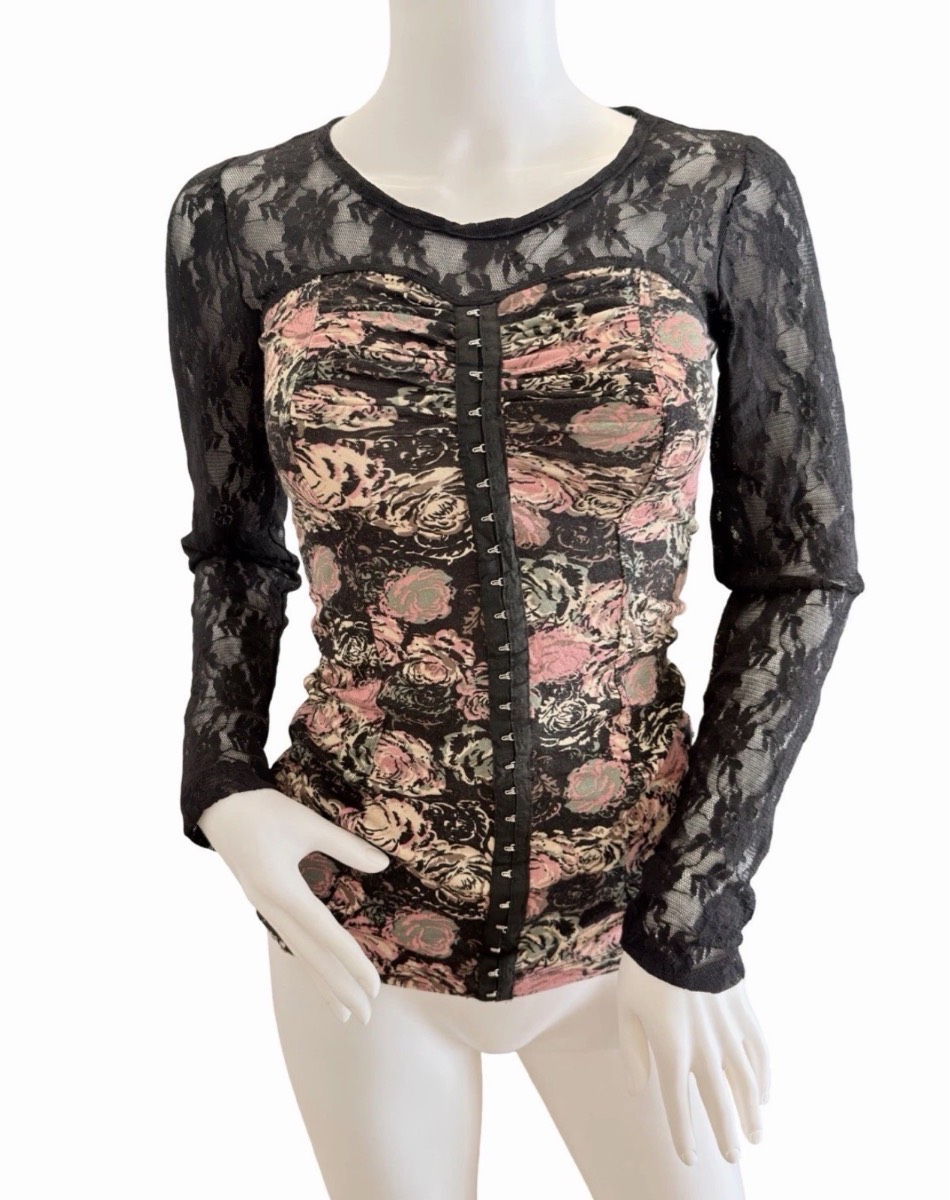 Y2K Okay Black Floral Lace Mesh Hook Front Long Sleeve Top UK 8 Size 36