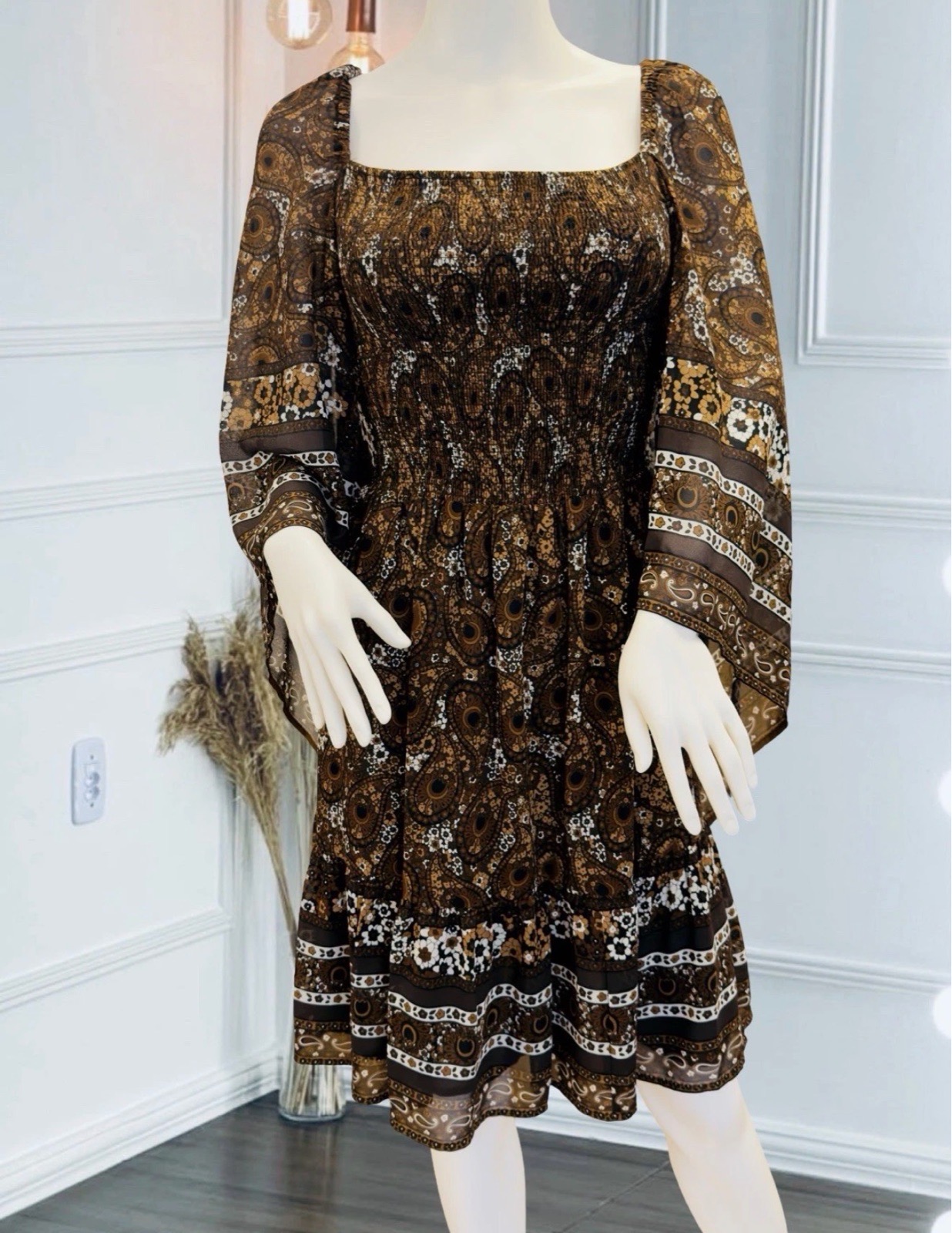 Michael Kors Brown Boho Print Fit & Flare Dress UK 6 Flared Sleeve RRP £150