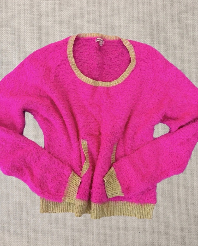 Juicy Couture Hot Pink Fluffy Knit Jumper Gold Trim Size M Y2K