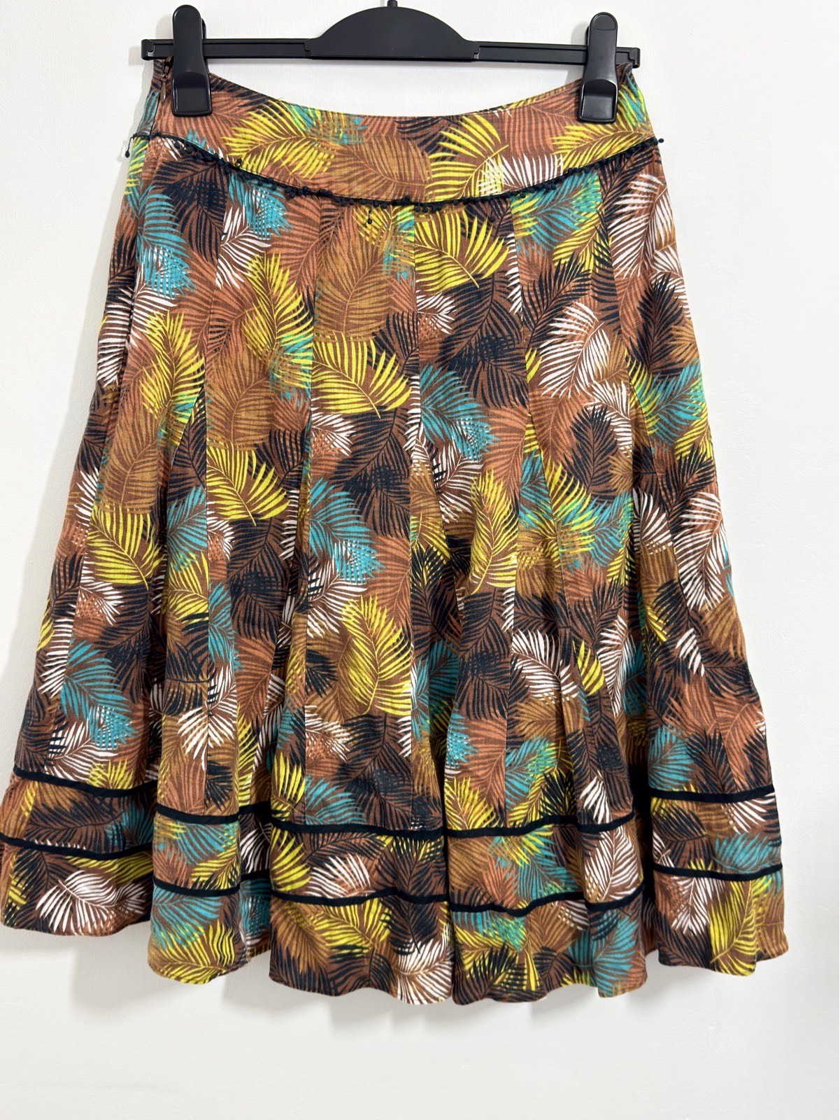 Laura Ashley Size UK 10 100% Linen Brown Tropical Leaf Print A-Line Skirt