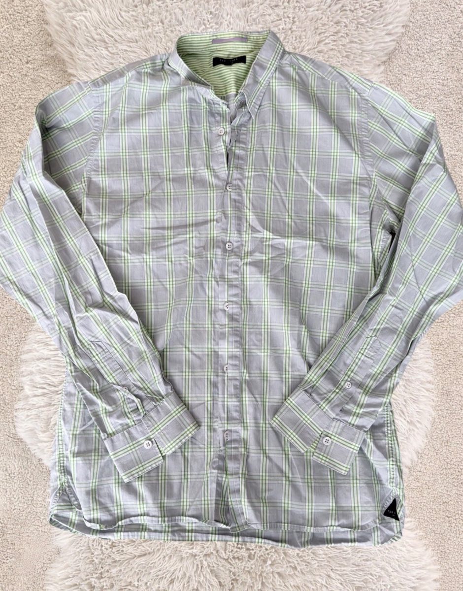 Ted Baker London Size Large Green Grey Check 100% Cotton Long Sleeve Shirt
