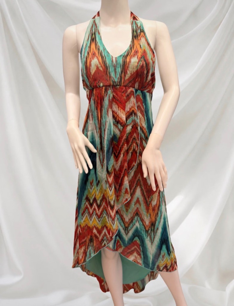 Cynthia Rowley Y2K Halterneck High Low Midi Dress UK 6 Chevron Print Boho