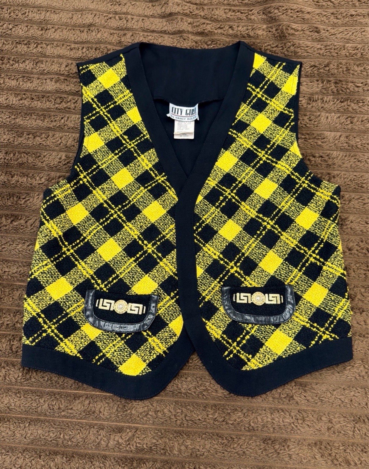 Vintage City Girl by Nancy Bolen Size 12 Yellow Black Plaid Vest Gold Detail 90s