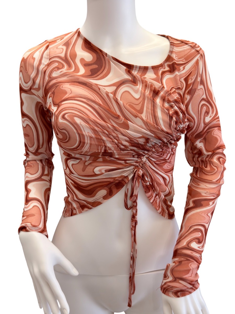 Y2K Meraki Size S Brown Marble Mesh Ruched Tie Front Long Sleeve Crop Top