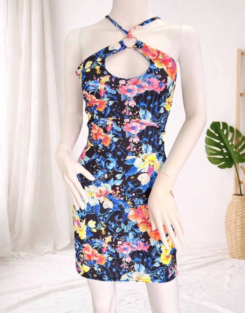 Karen Millen UK 14 Floral Print Cut Out Bodycon Mini Dress Chain Back BNWT