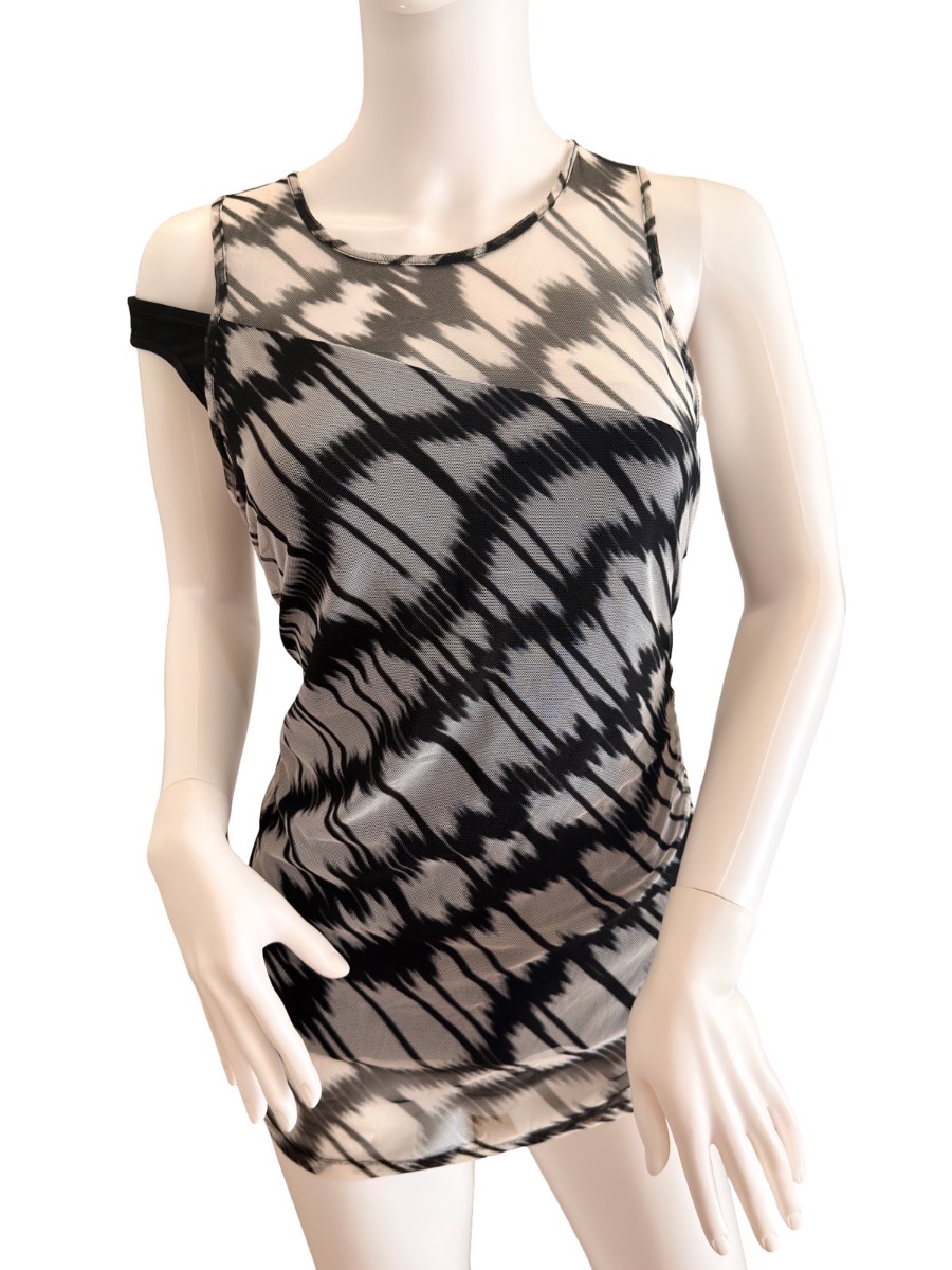 DKNY Black Grey Mesh Tunic Top Ruched Sleeveless Size L