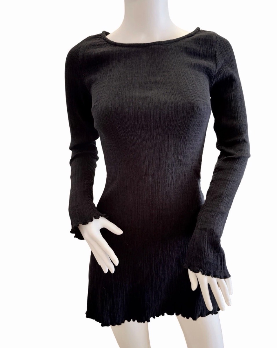 Free People Black Textured Long Sleeve Mini Dress Size S Boho Stretch RRP £98