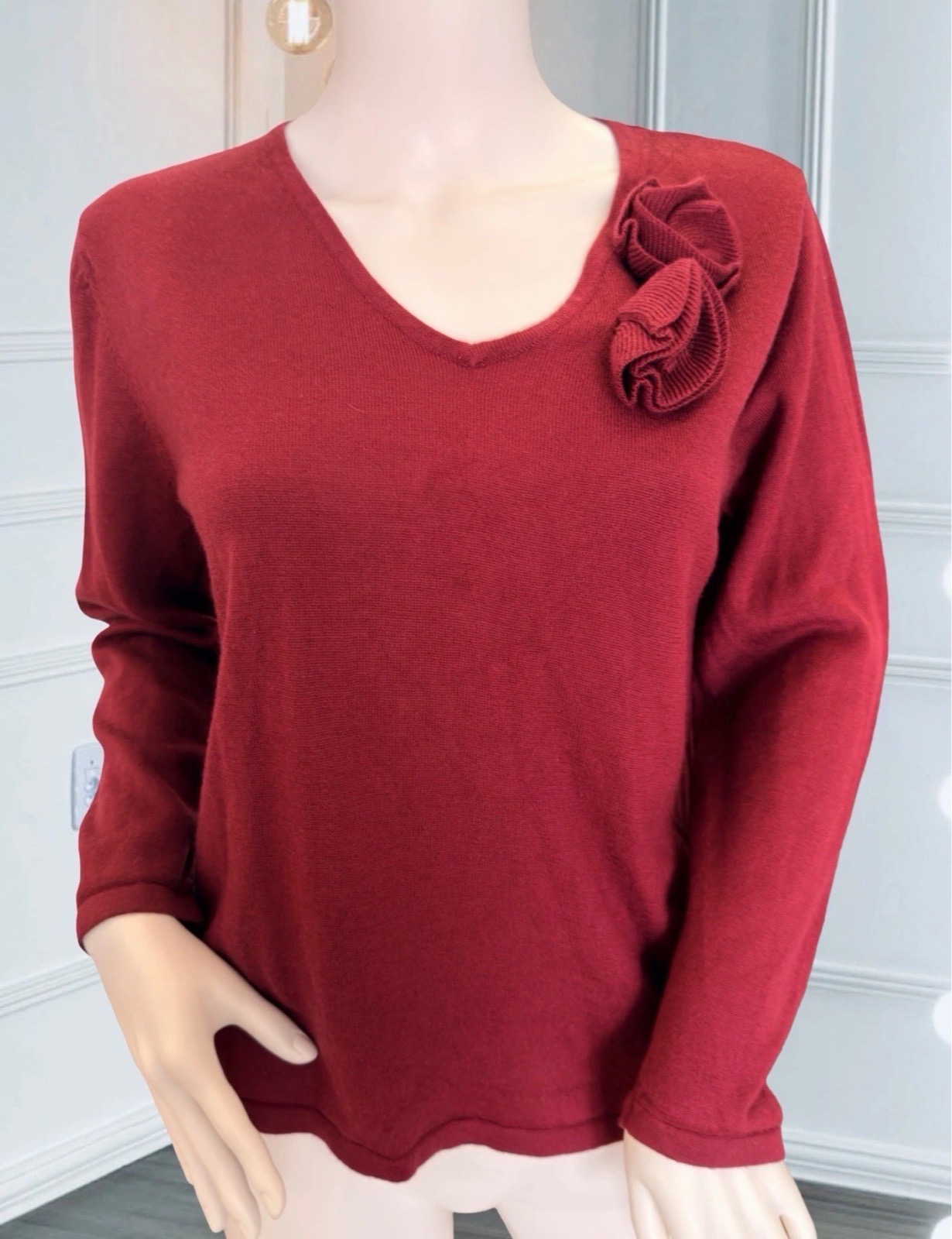 Poppy Lambswool Blend Jumper UK 14 Burgundy Floral Detail Knit