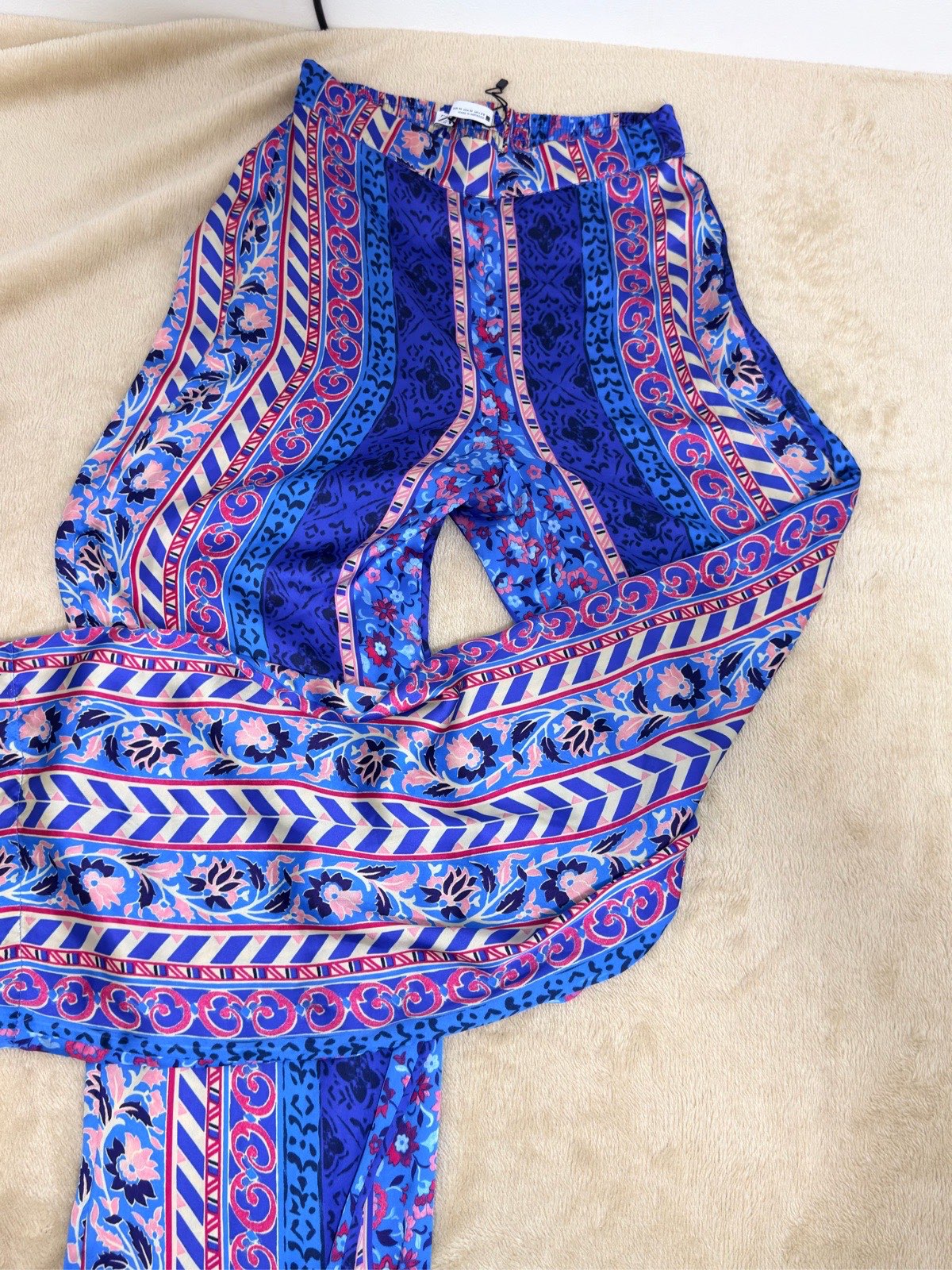 Zara Size M UK 10 Blue Pink Satin Wide Leg Palazzo Printed Trousers