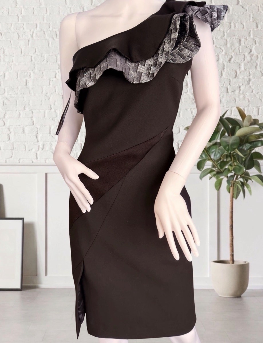 Karen Millen One Shoulder Ruffle Occasion Dress UK 10 Black Silver