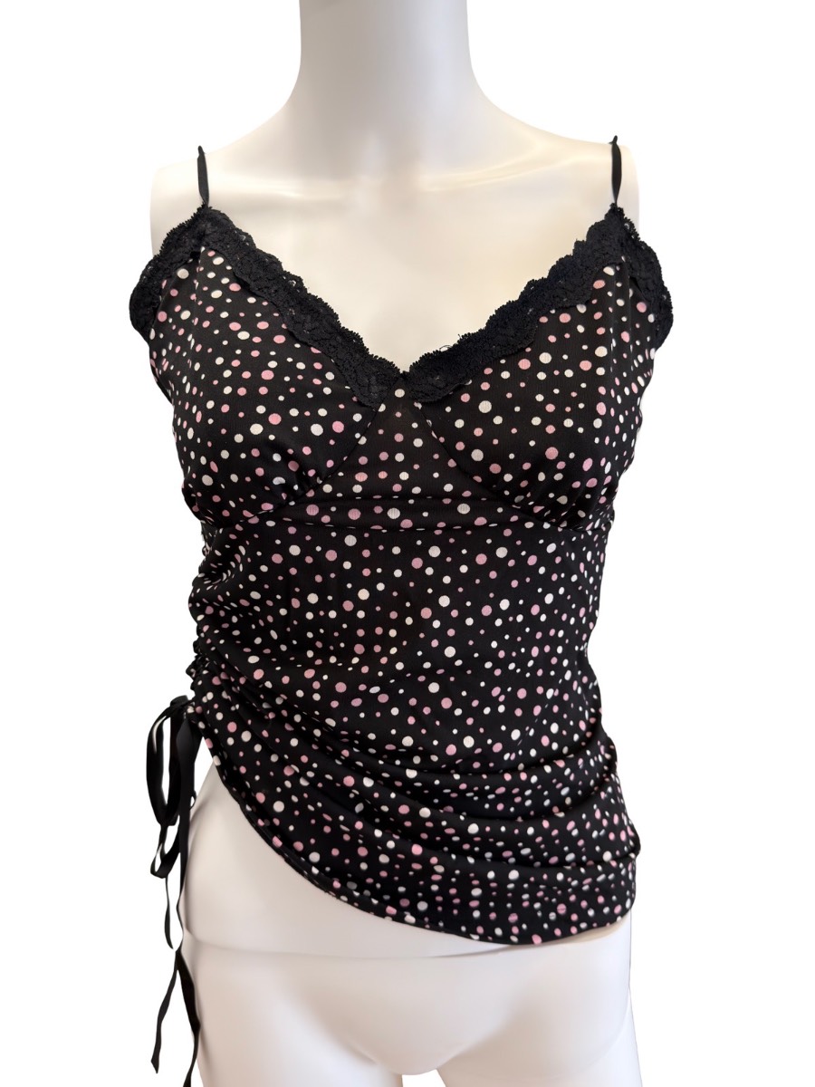 Y2K Le Château M Polka Dot Ruched Lace Trim Cami Top Party Going Out RRP £55