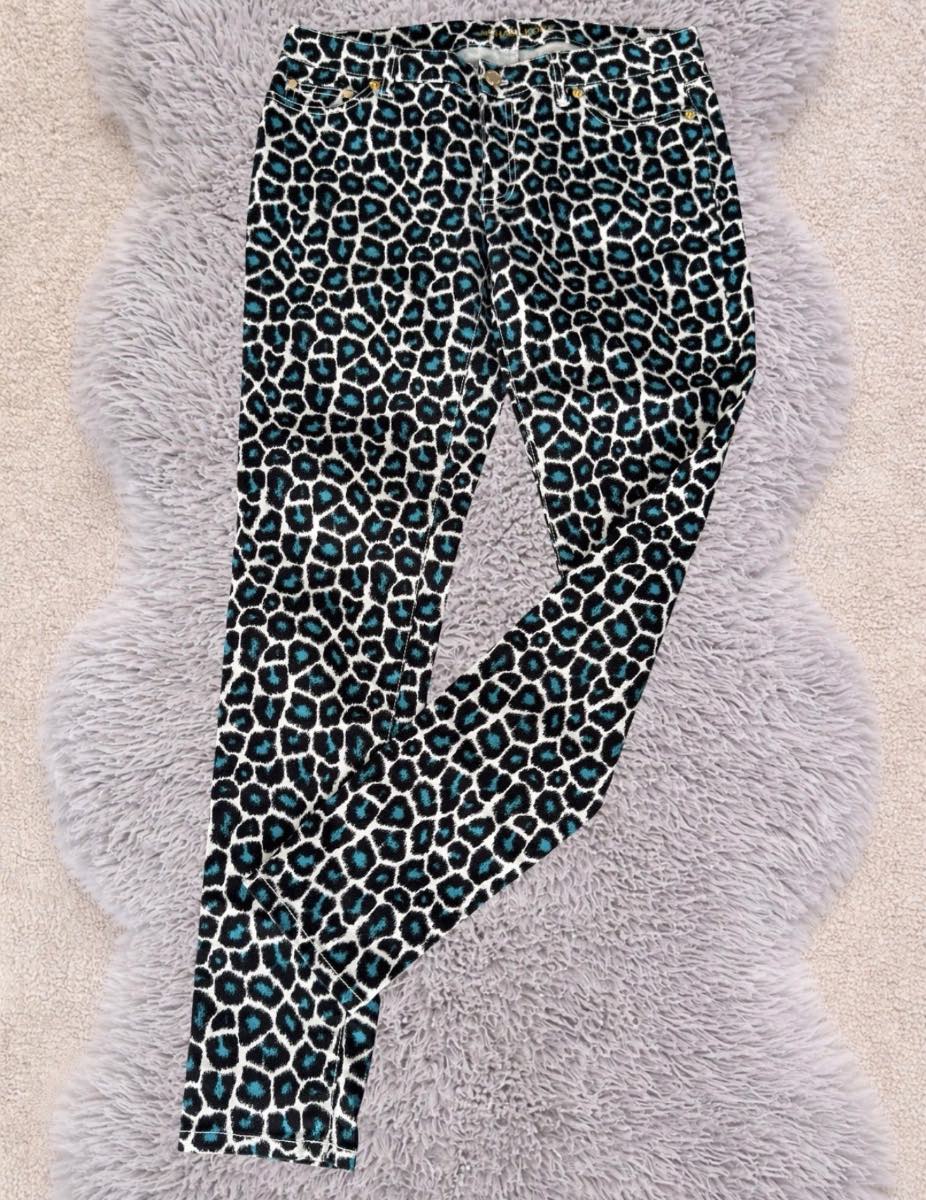 Michael Kors Leopard Print Skinny Jeans UK 6 Blue Black White Animal Print
