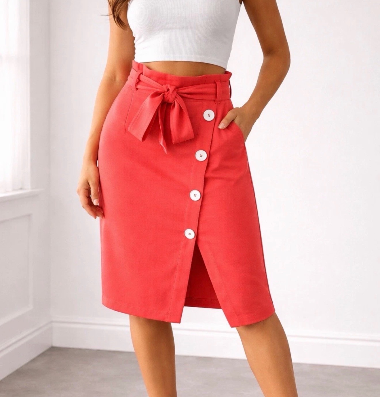 River Island Coral Wrap Midi Skirt UK 8 Button Front Belted BNWT