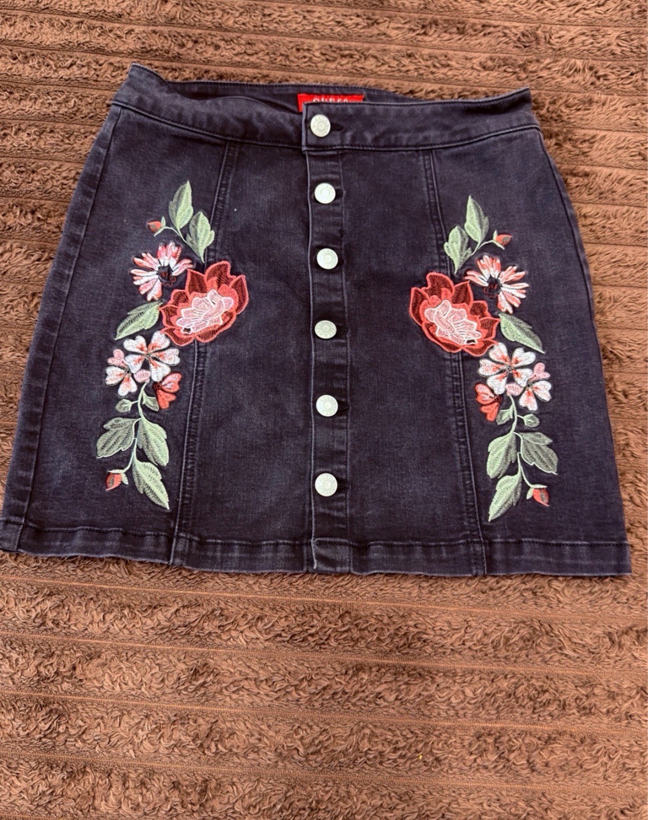 Y2K Guess Los Angeles UK 8 Black Denim Floral Embroidered Button Mini Skirt