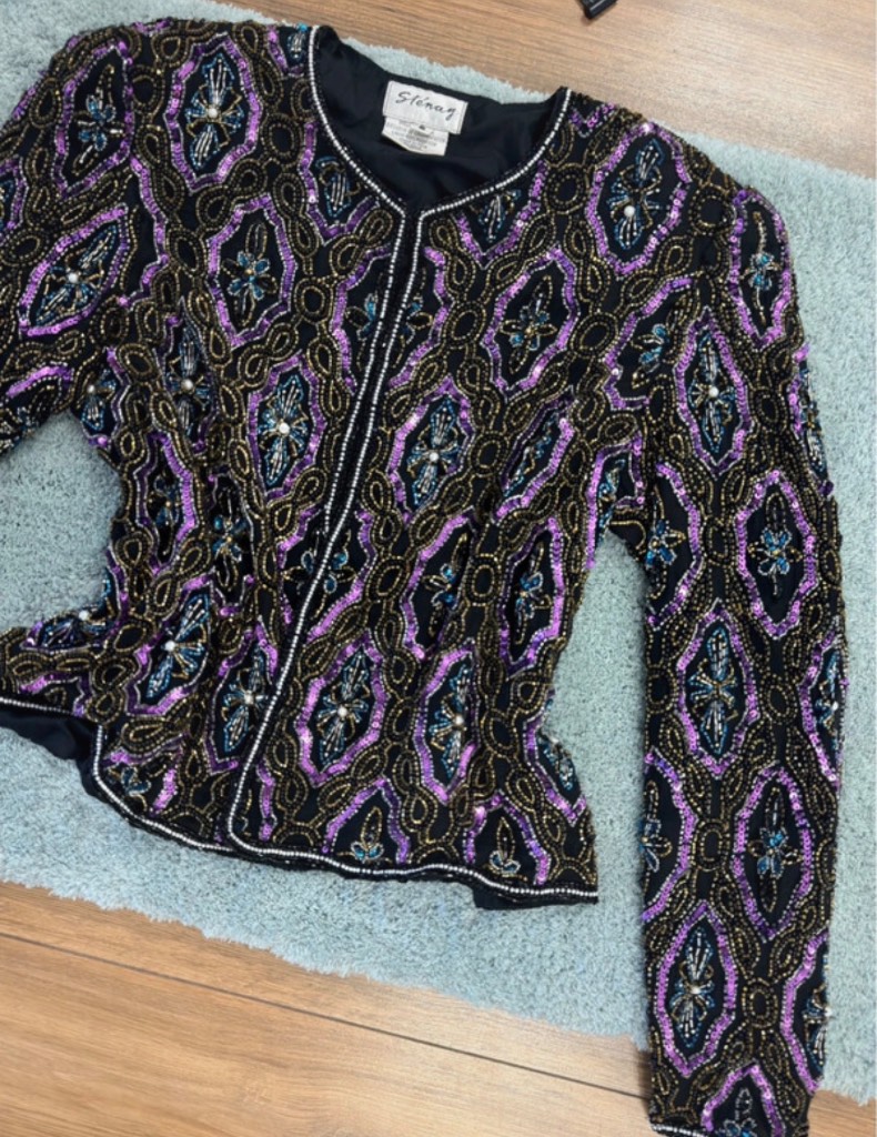 Vintage Sténay 100% Silk Hand Beaded Sequin Embellished Evening Jacket S