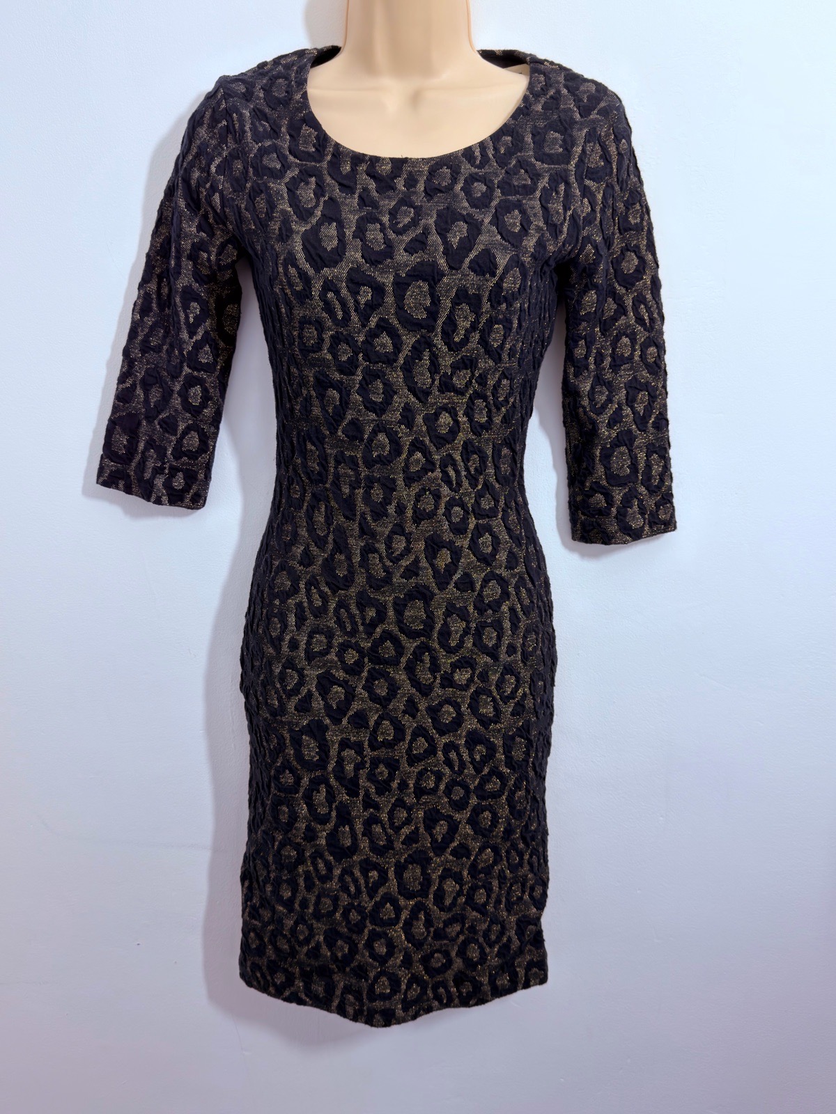 Reiss 1971 UK 4 Navy Gold Metallic Leopard Animal Print Bodycon Dress RRP £149