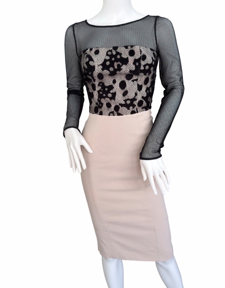 Karen Millen Mesh Lace Bodycon Dress UK 6 Nude Black Sheer Sleeve