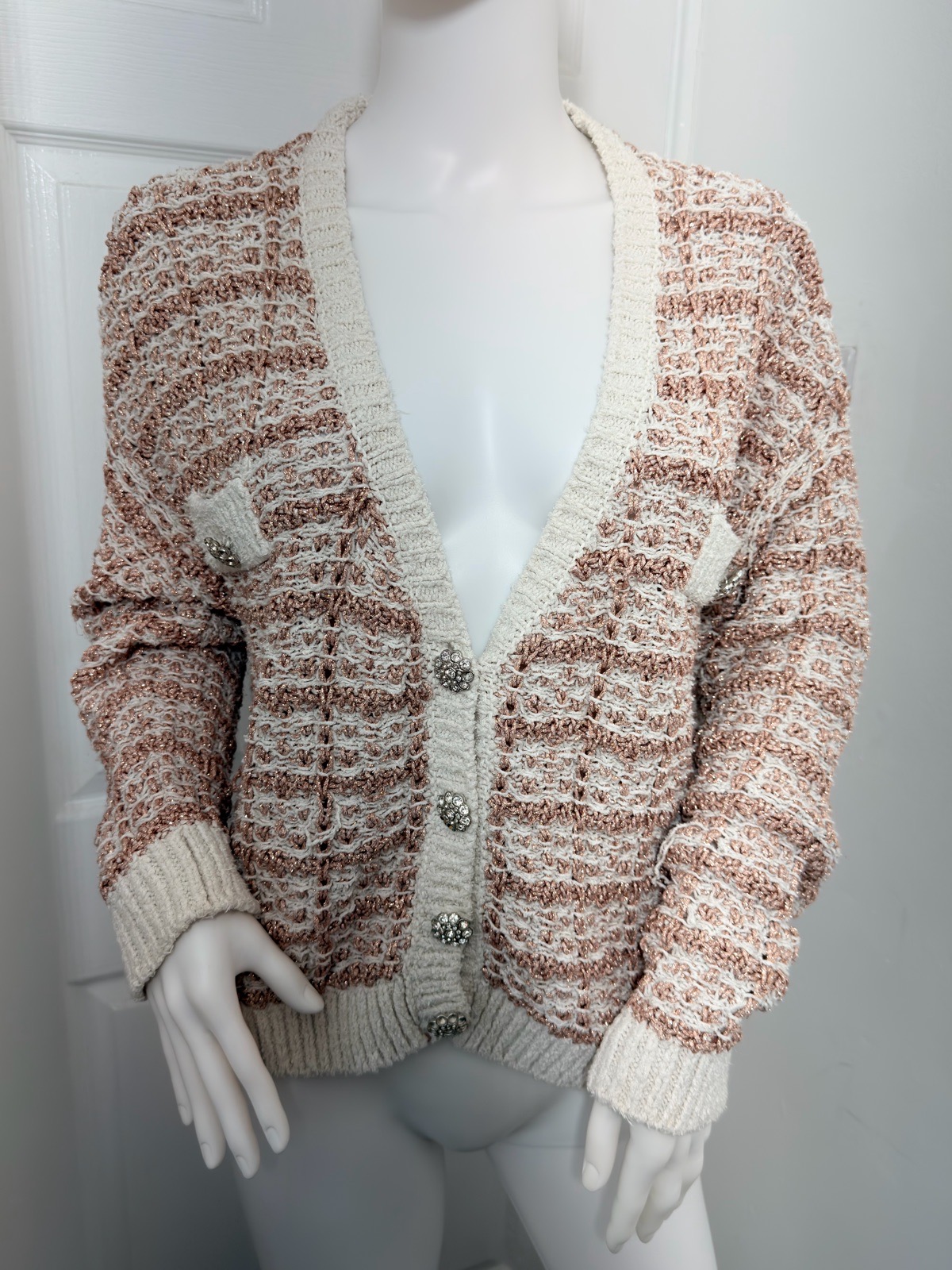 Zara Size M Cream Rose Gold Metallic Knit Embellished Jewelled Button Cardigan