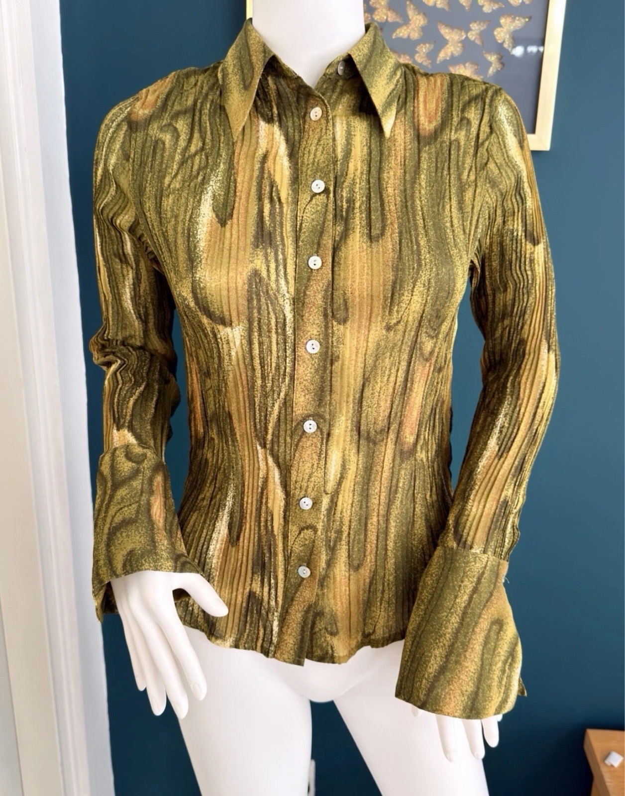Vintage Caviar Size S Green Gold Pleated Crinkle Button Up Blouse Y2K Retro