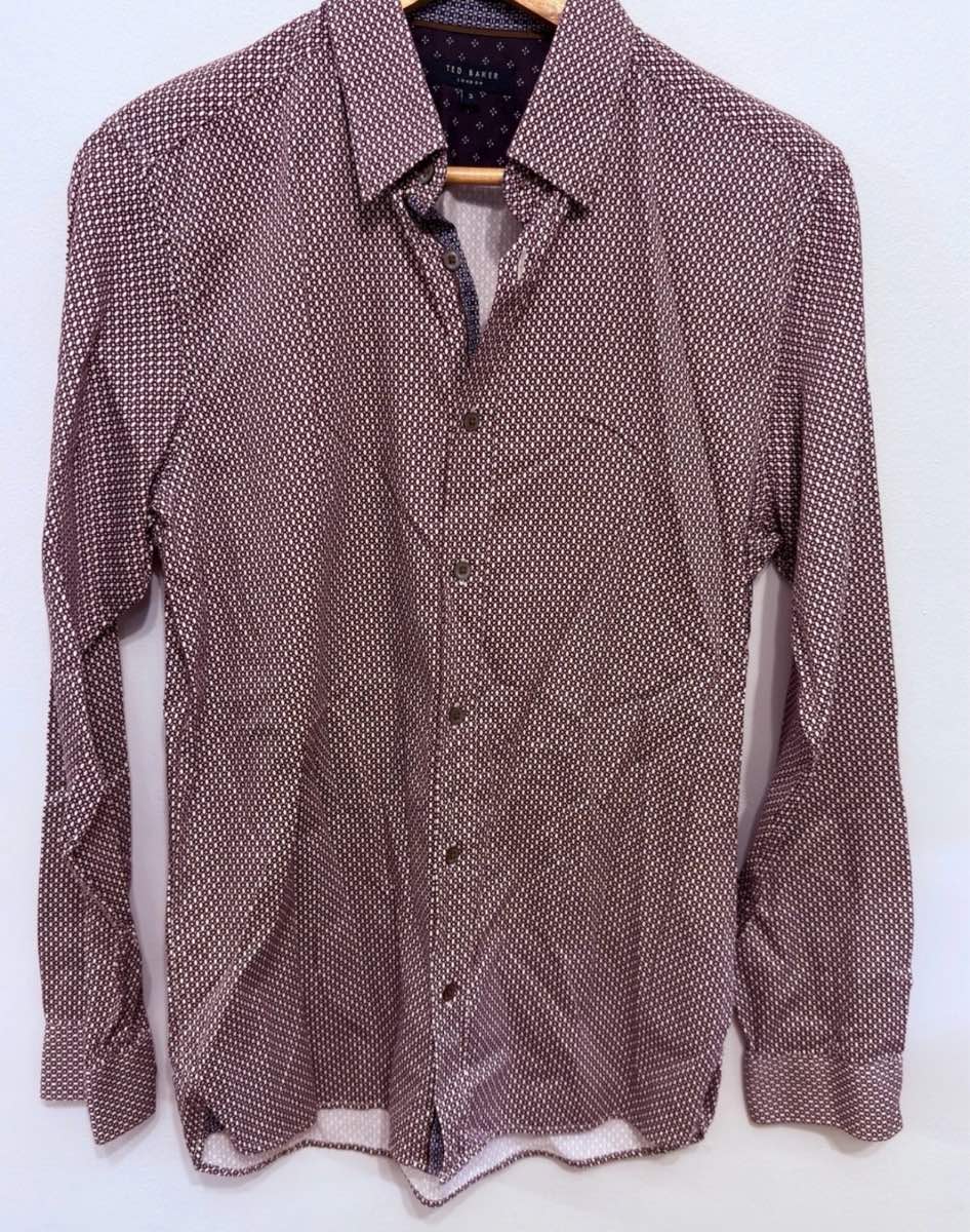 Ted Baker London UK M Size 3 Burgundy Geometric Print Long Sleeve Shirt