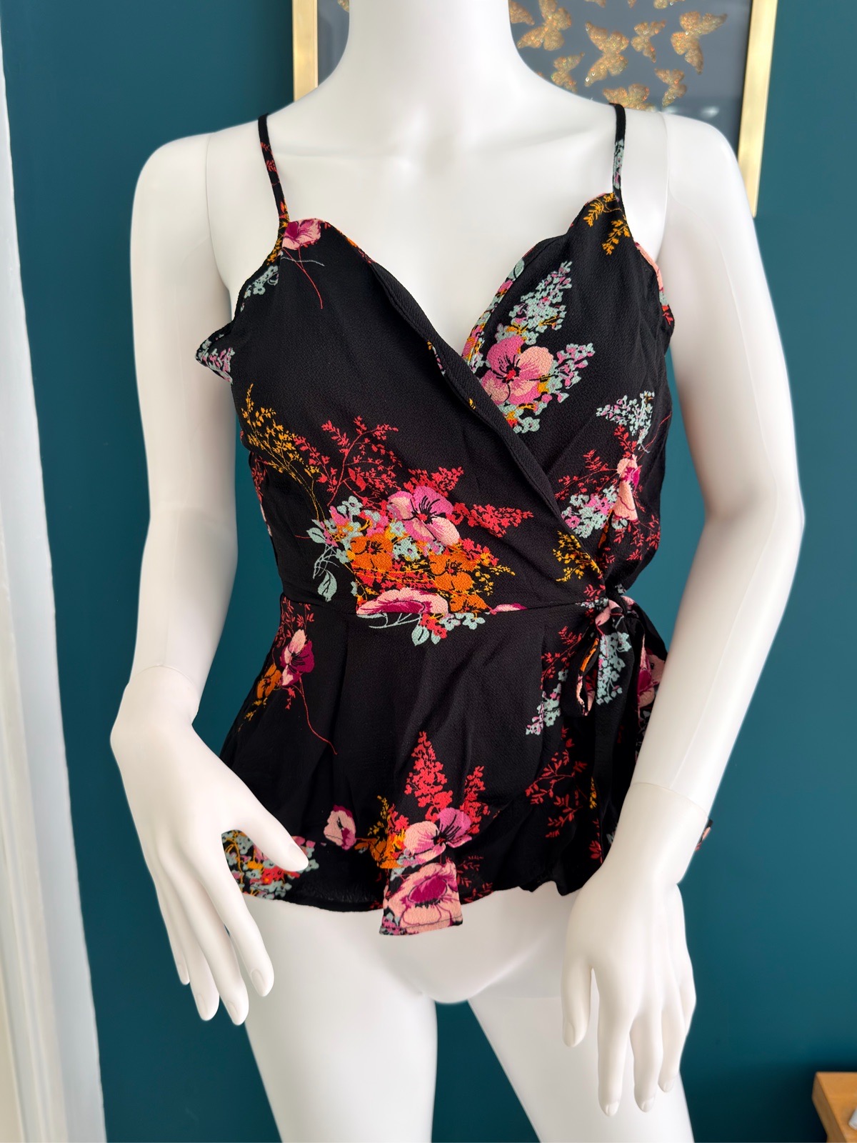 Y2K Monteau Los Angeles Size S UK 8-10 Black Floral Wrap Cami Top Tie Waist