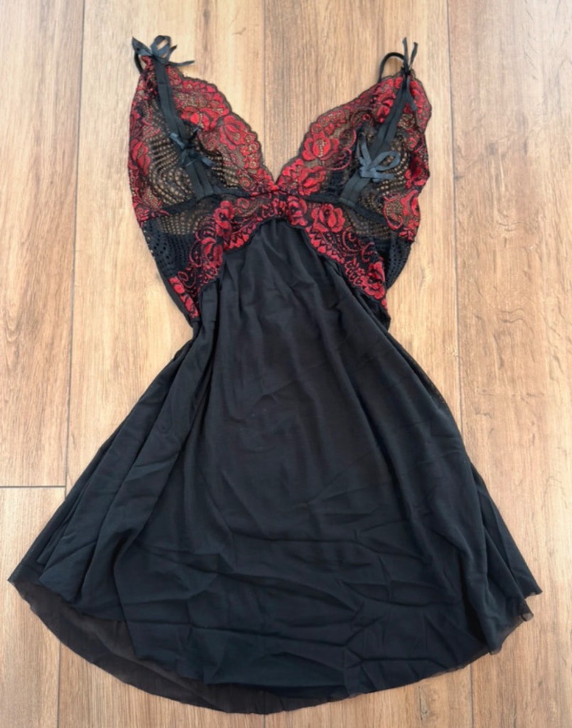 Black Red Lace Babydoll Chemise Nightdress Sheer Mesh Lingerie Size M
