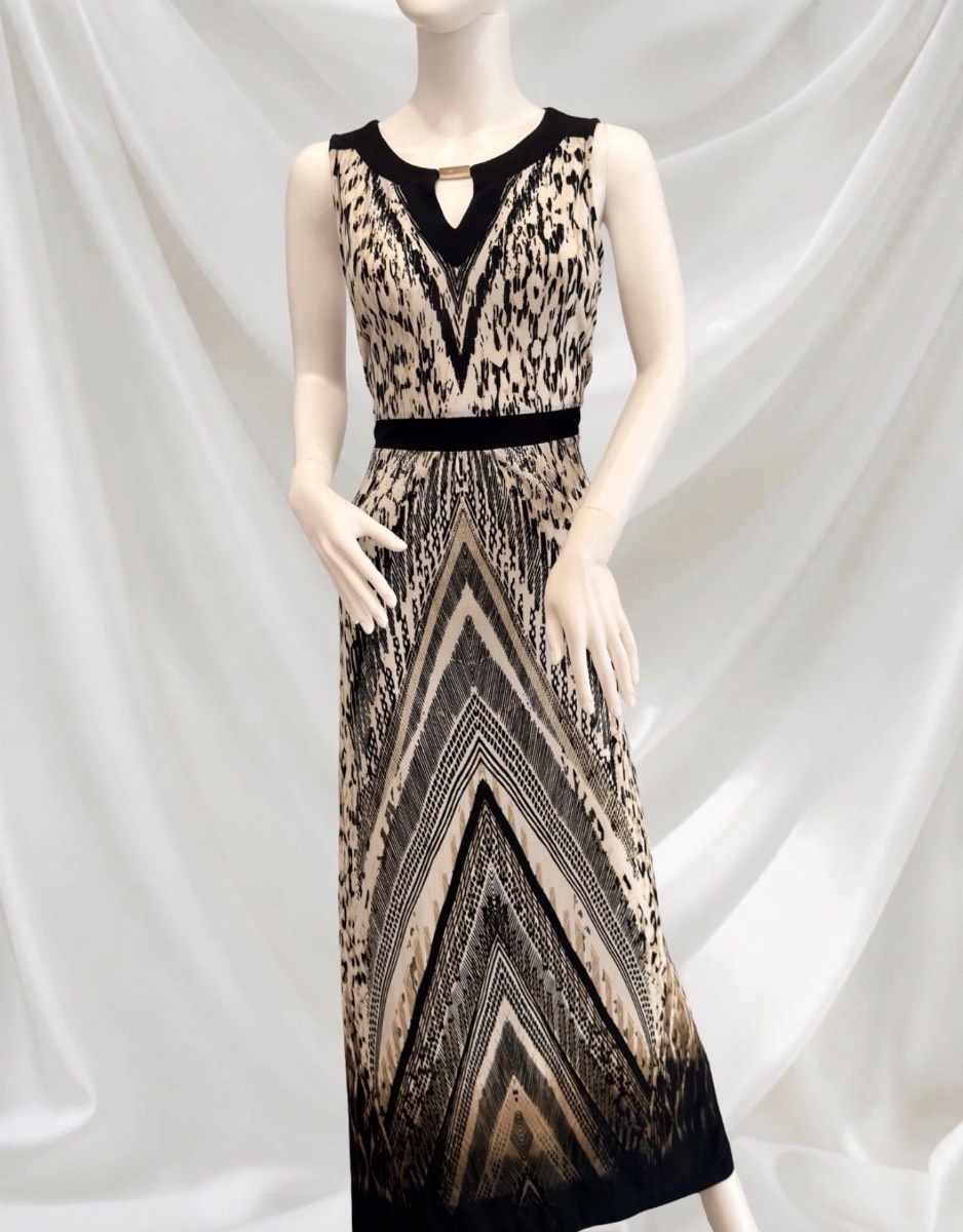 Chico’s UK 14 Beige Black Animal Print Maxi Dress Sleeveless Gold Detail